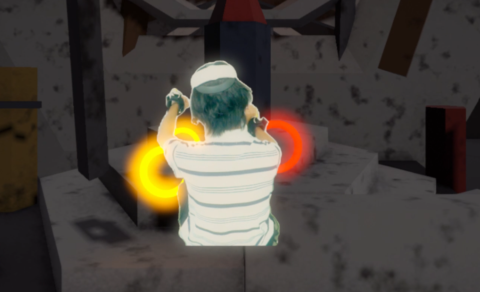 MetaPuppet participant reaching for glowing ring targets in VR